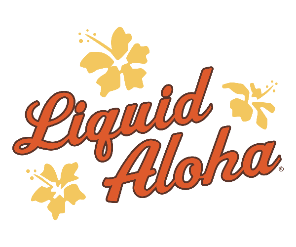Logo of Liquid Aloha with orange text and yellow flowers on a white background